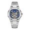 Silver watch with blue face on a white background
