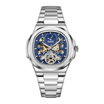 Silver watch with blue face on a white background