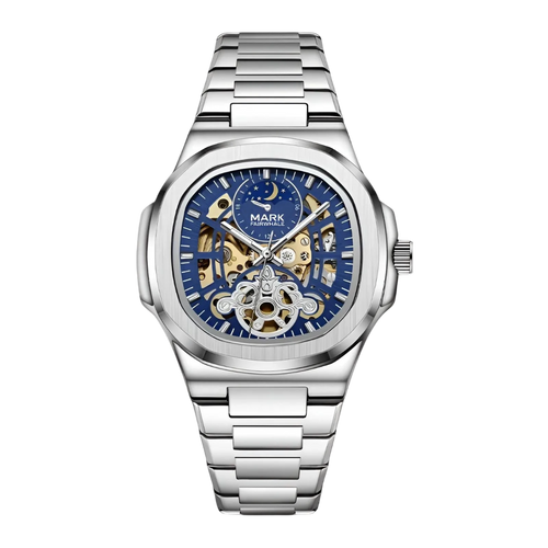 Silver watch with blue face on a white background