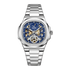 Silver watch with blue face on a white background