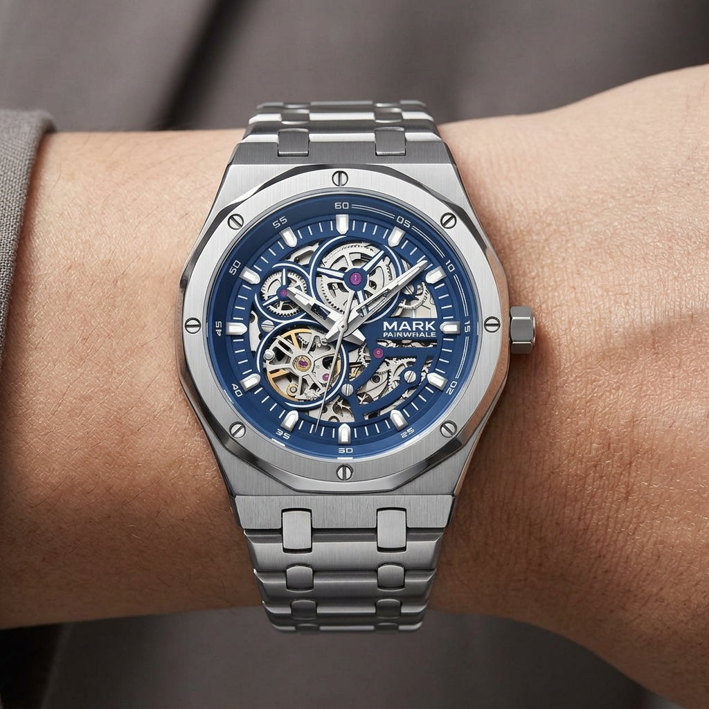 Silver watch with blue face on a wrist against a neutral background