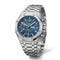 Silver watch with blue face on a white background