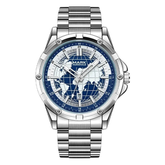 Silver watch with blue world map face on a white background