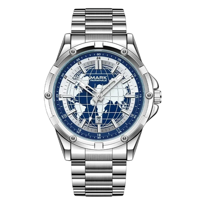 Silver watch with blue world map face on a white background