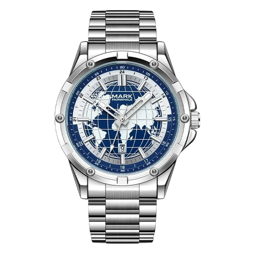 Silver watch with blue world map face on a white background