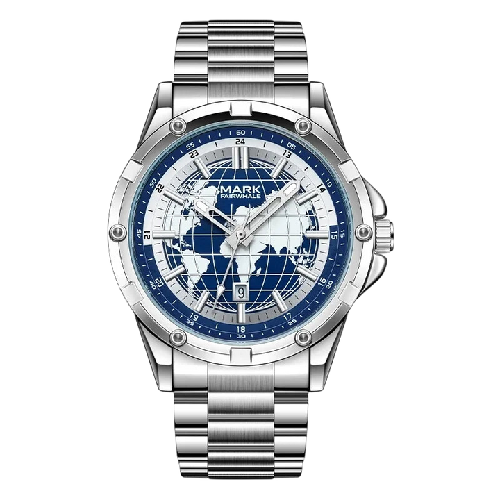 Silver watch with blue world map face on a white background