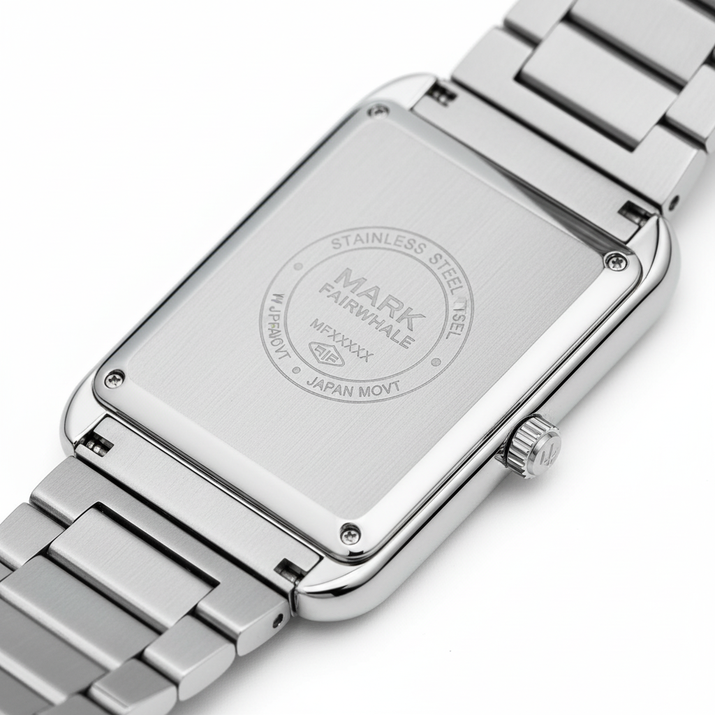 Silver watch with brand engraving on a white background