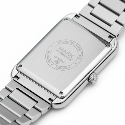 Silver watch with brand engraving on a white background