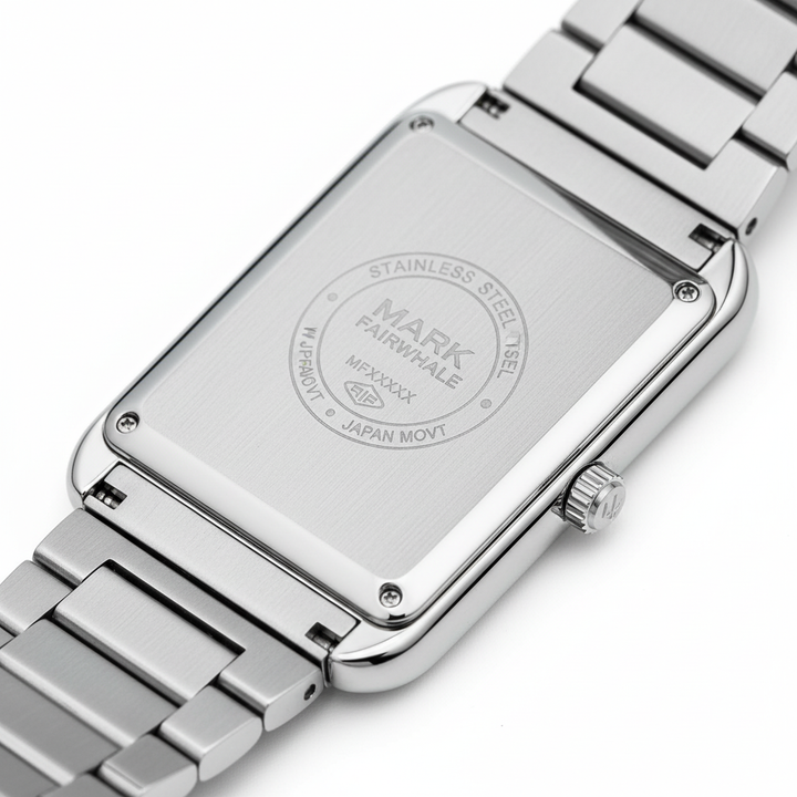 Silver watch with brand engraving on a white background