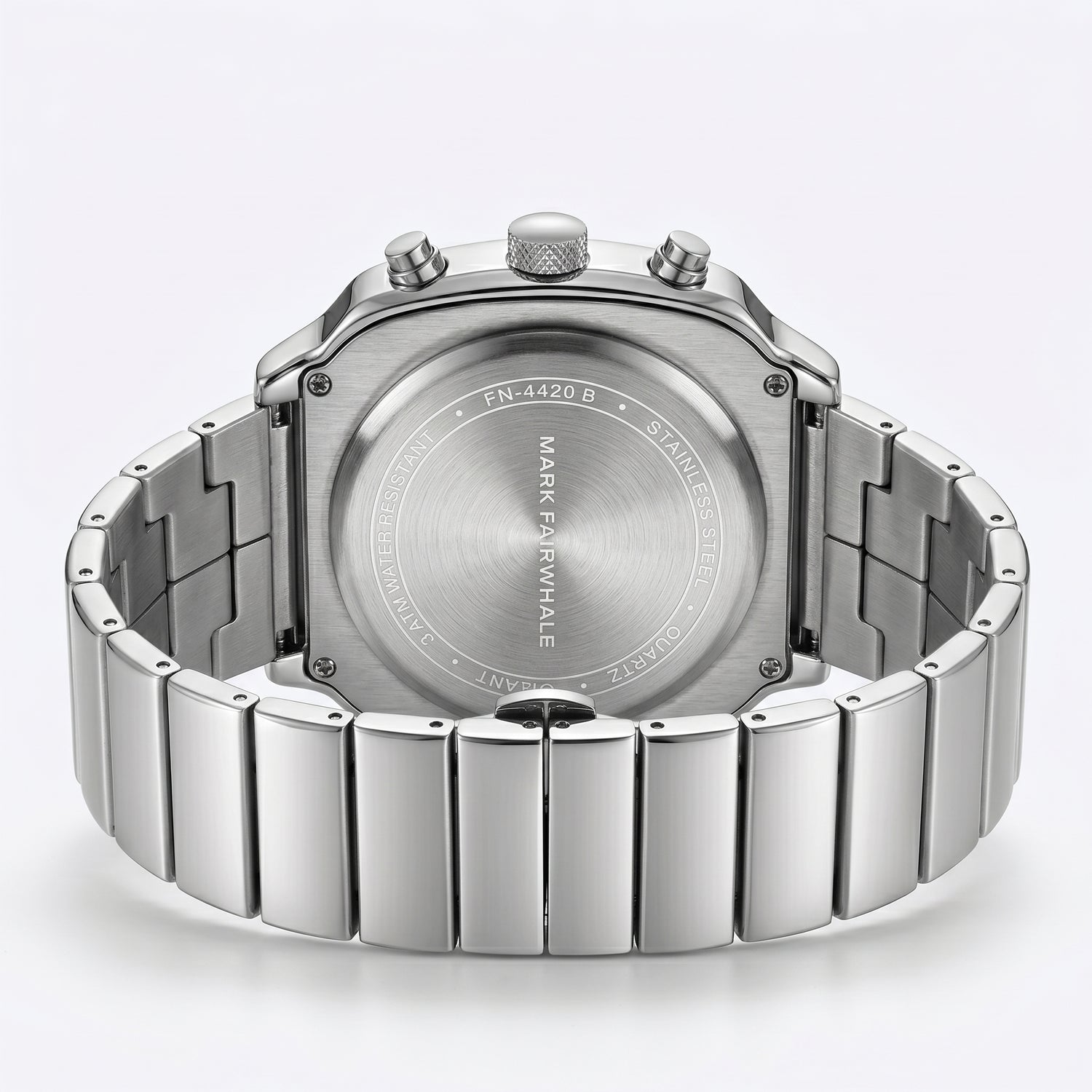 Silver watch with brand name on a light gray background