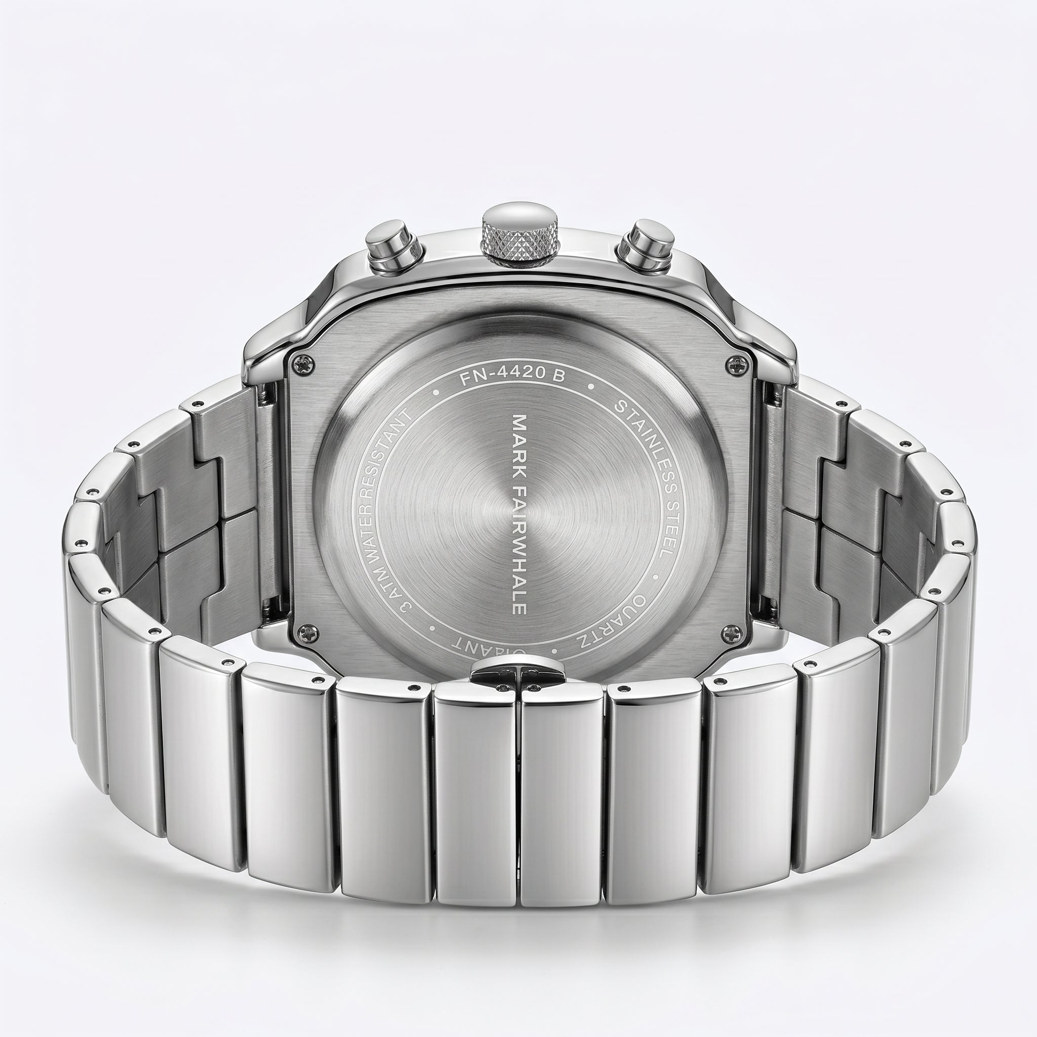 Silver watch with brand name on a light gray background