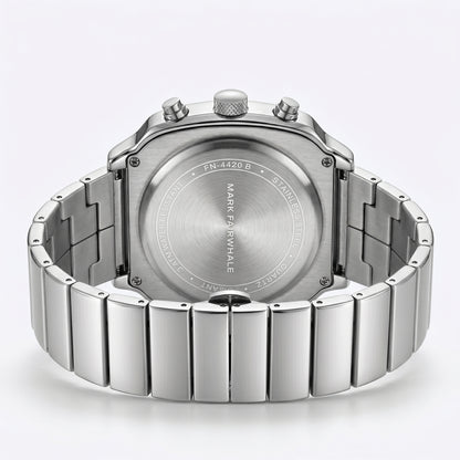 Silver watch with brand name on a light gray background