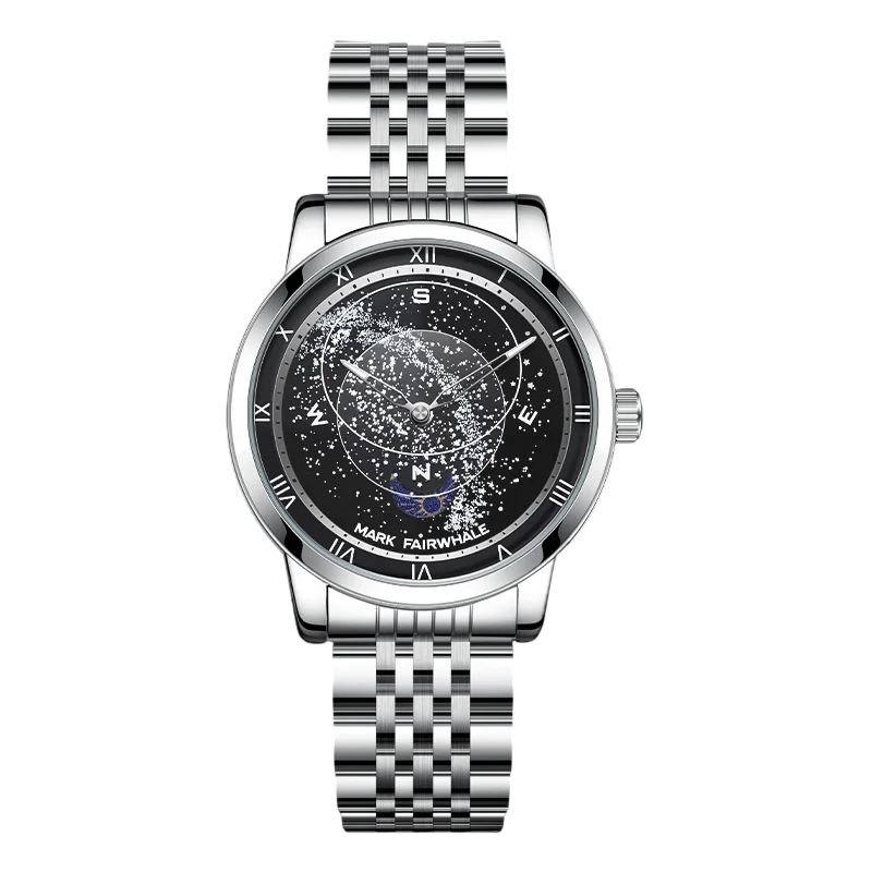 Silver watch with detailed face on a white background