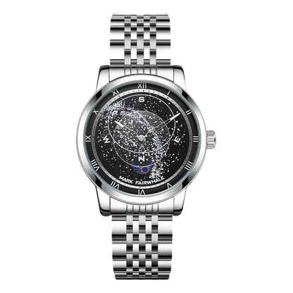Silver watch with detailed face on a white background