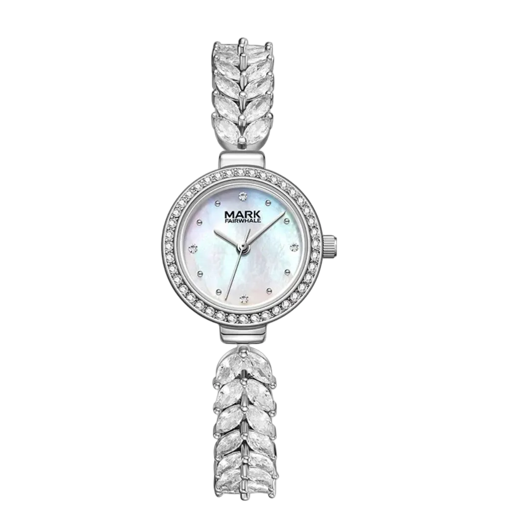 Silver watch with decorative band on a white background