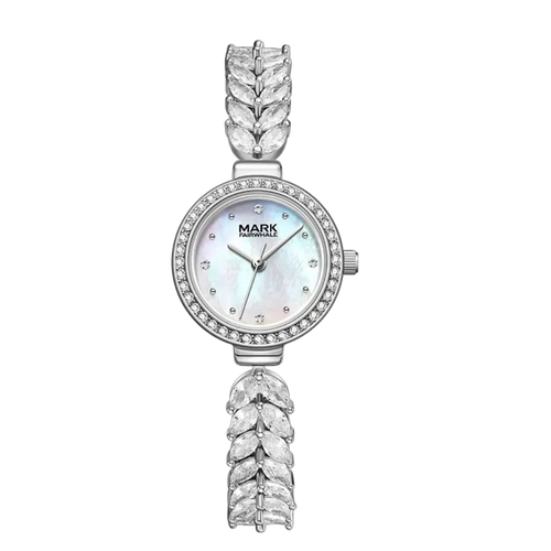 Silver watch with decorative band on a white background