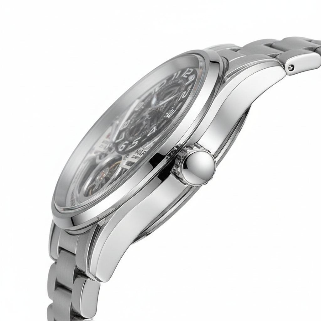 Silver watch with detailed face on a white background