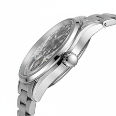 Silver watch with detailed face on a white background