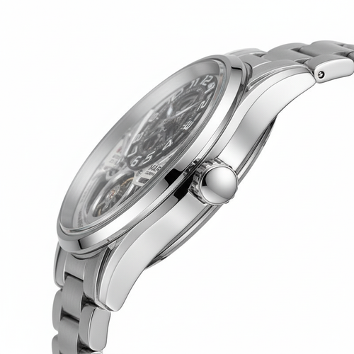 Silver watch with detailed face on a white background