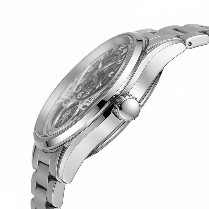 Silver watch with detailed face on a white background