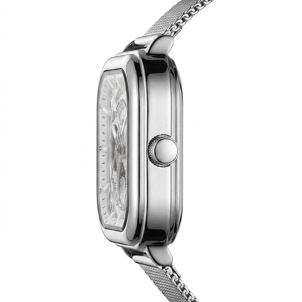 Silver watch with detailed face on a white background