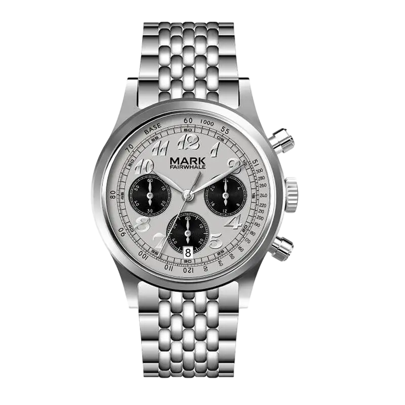 Silver watch with detailed face on a white background