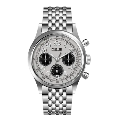 Silver watch with detailed face on a white background