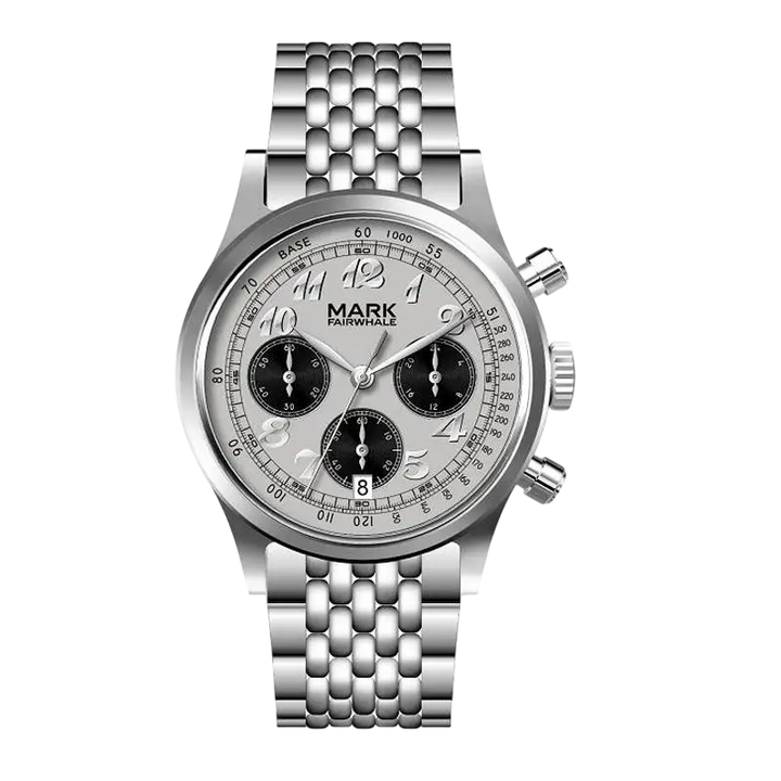 Silver watch with detailed face on a white background