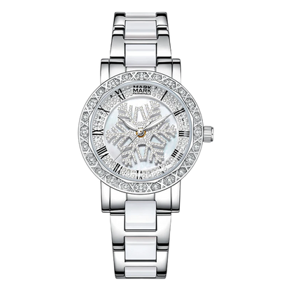 Silver watch with detailed face on a white background
