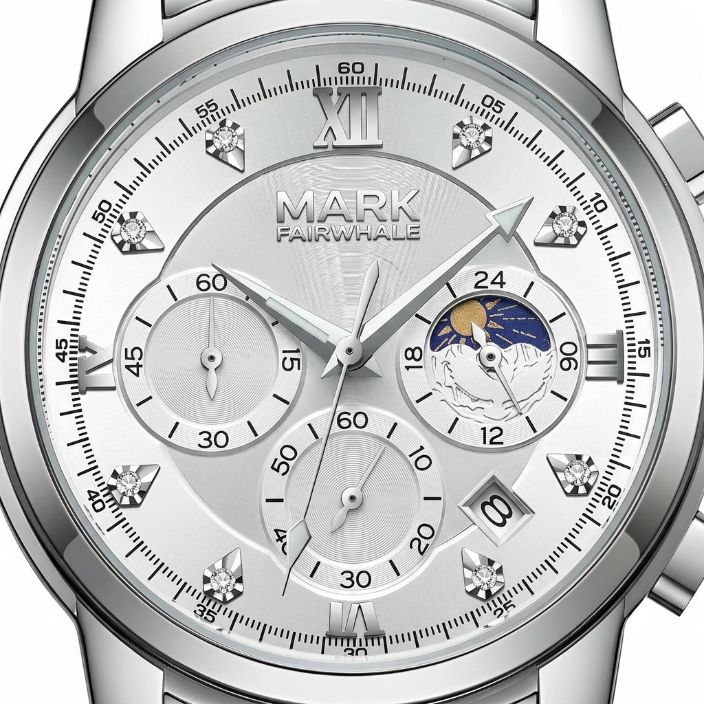 Silver watch with detailed face and 'Mark Fairwhale' branding