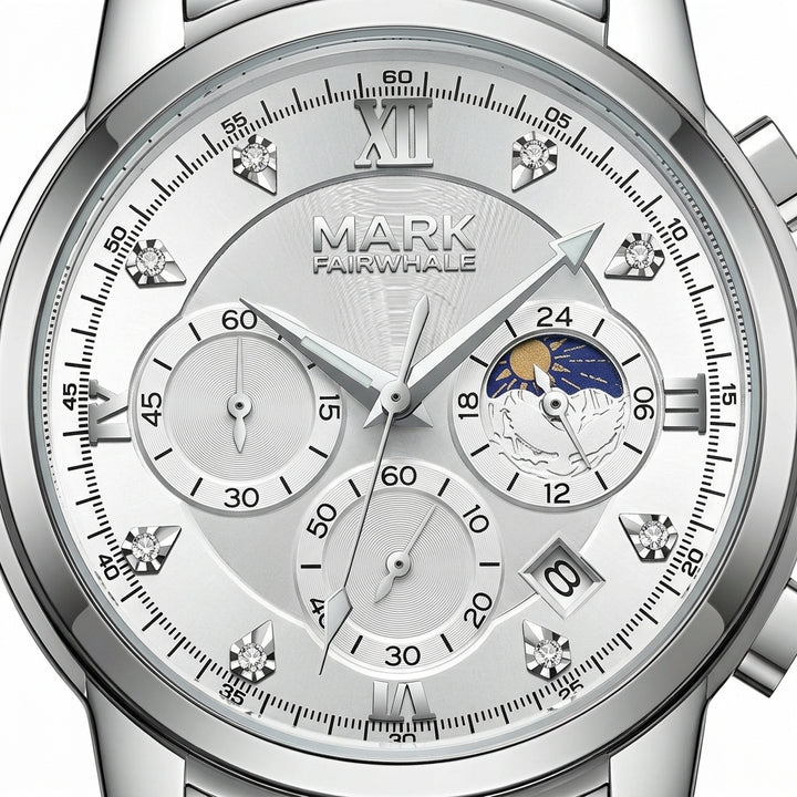 Silver watch with detailed face and &