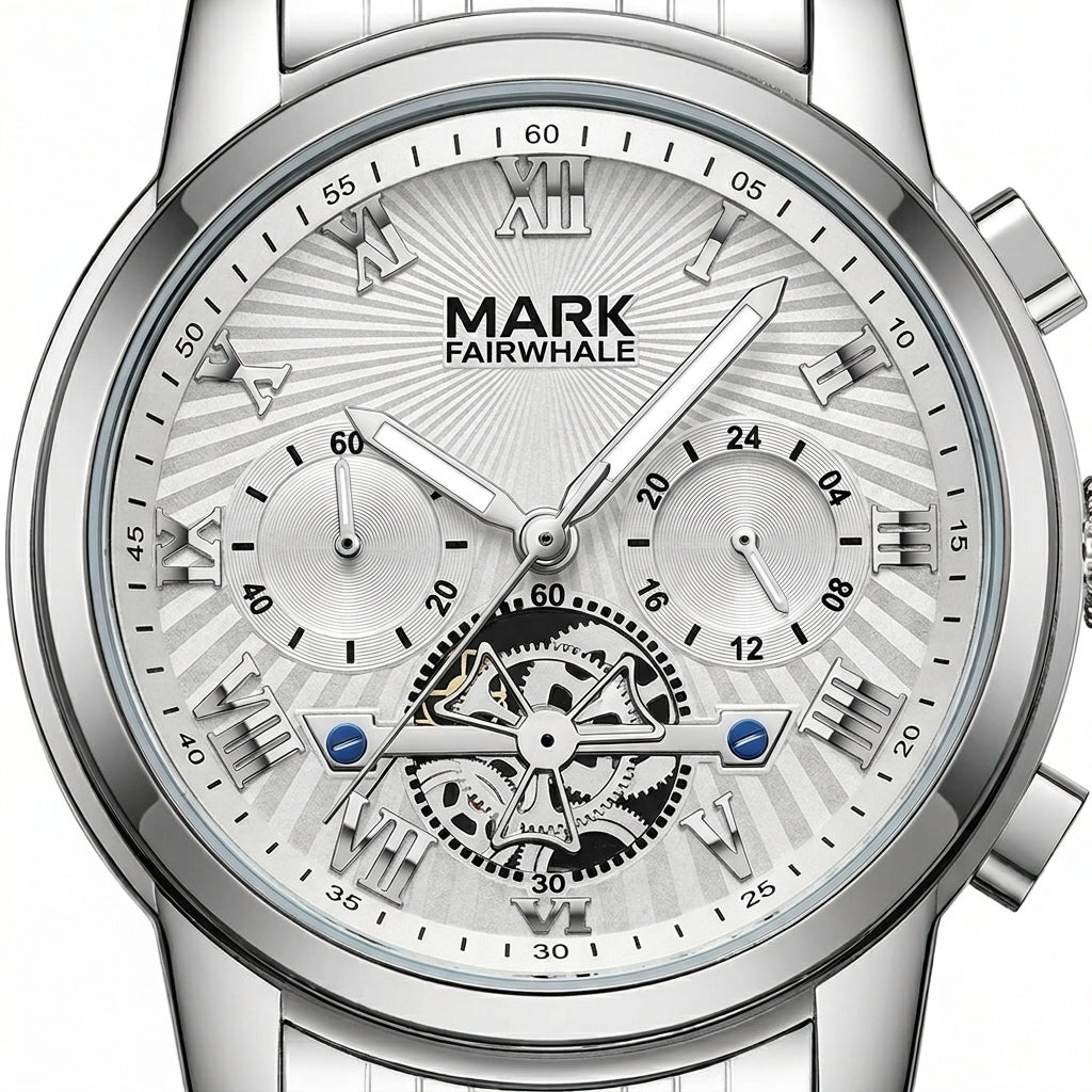 Silver watch with detailed face and &
