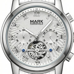 Silver watch with detailed face and 'Mark Fairwhale' branding on a white background