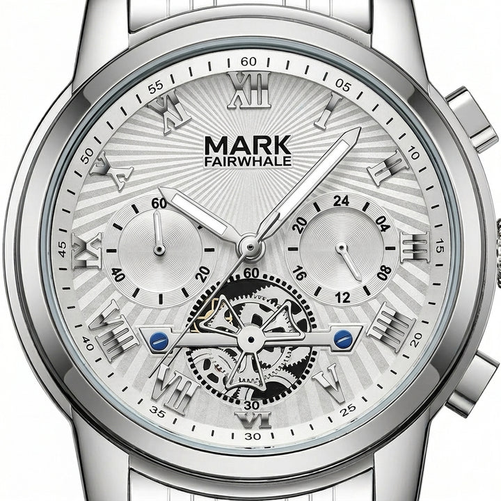 Silver watch with detailed face and &