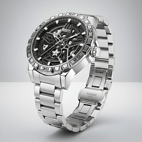Silver watch with detailed face on a light gray background