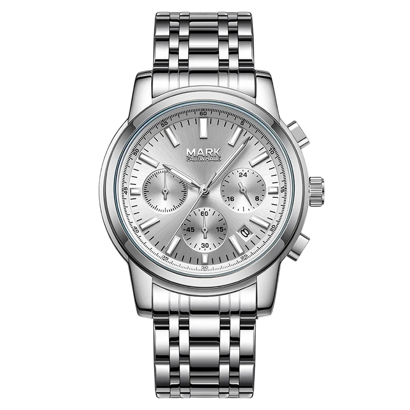 Silver watch with detailed face on a white background