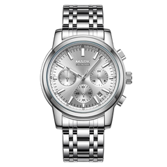 Silver watch with detailed face on a white background