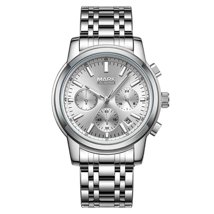 Silver watch with detailed face on a white background