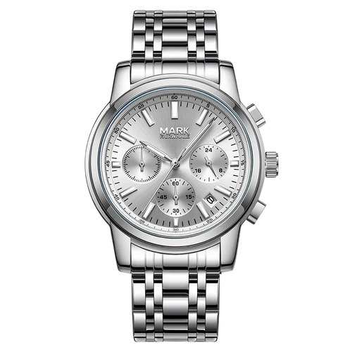 Silver watch with detailed face on a white background