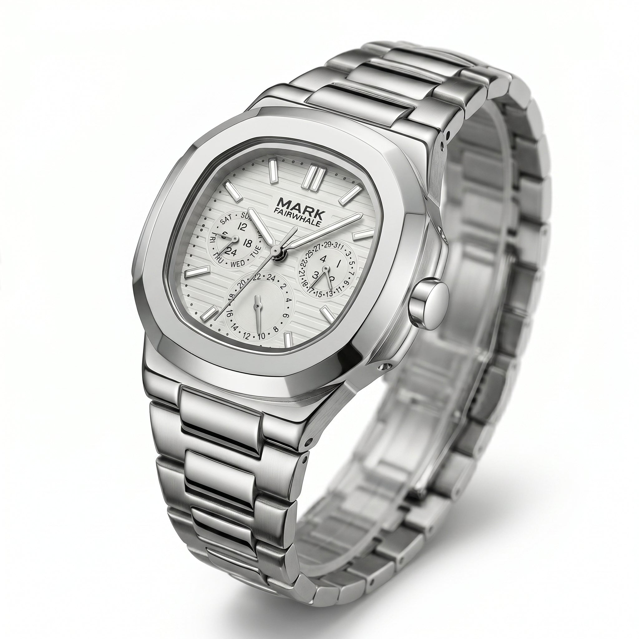 Silver watch with detailed face on a white background