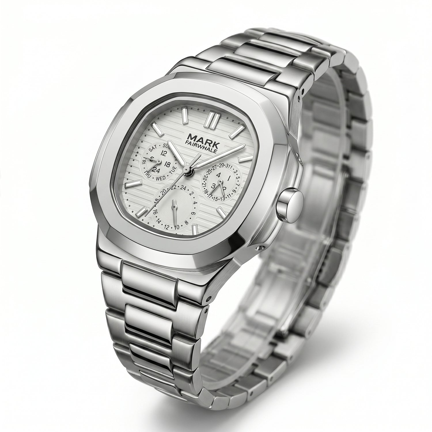 Silver watch with detailed face on a white background