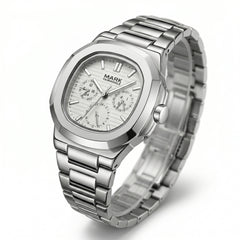Silver watch with detailed face on a white background