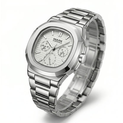 Silver watch with detailed face on a white background