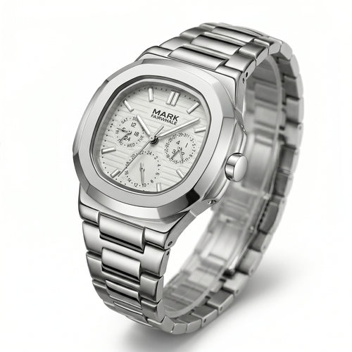 Silver watch with detailed face on a white background