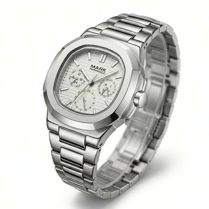Silver watch with detailed face on a white background