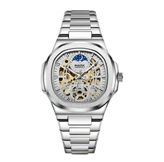 Silver watch with detailed face on a white background