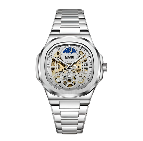 Silver watch with detailed face on a white background
