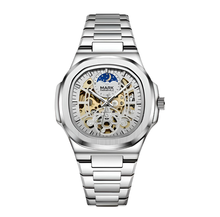 Silver watch with detailed face on a white background