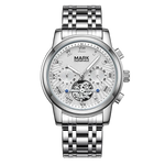 Silver watch with detailed face on a white background