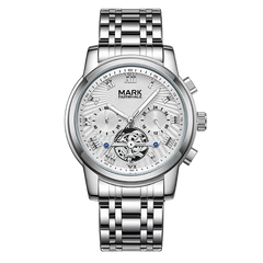 Silver watch with detailed face on a white background